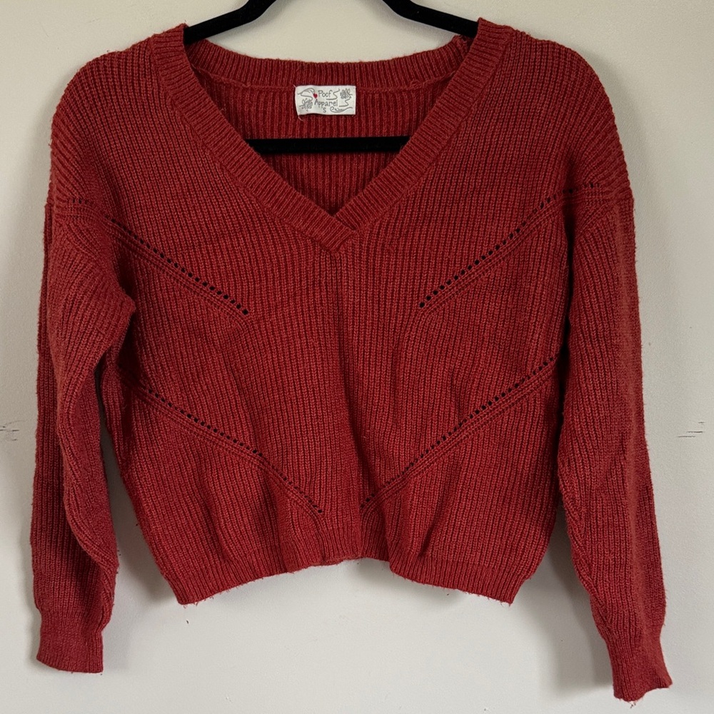 Rust V-Neck Cropped Textured Sweater Puff‎ Sleeve Cozy Soft Knit Small